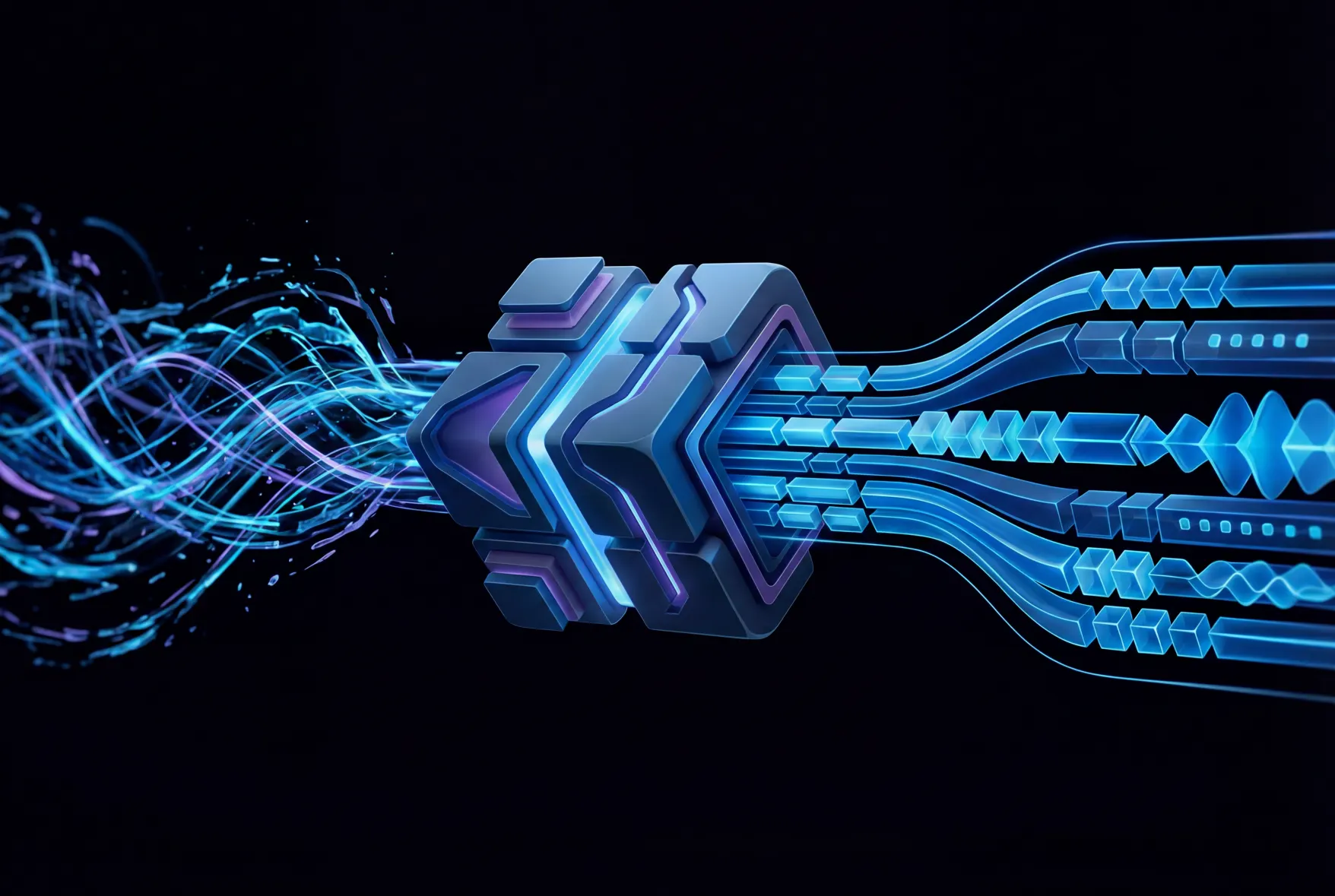 Stylized blue and magenta signal paths flowing through a central Fixation Studios device